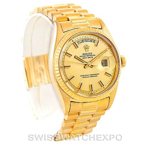 The image shows a Rolex President 1803 Men
s Yellow Gold Champagne Dial 1803 Men
s Yellow Gold Champagne Dial model watch, displaying its dial, bezel, and bracelet from a front and slightly right angle.