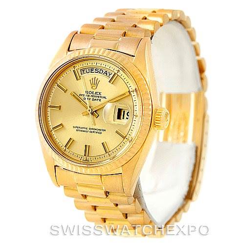 The image shows a Rolex President 1803 Men
s Yellow Gold Champagne Dial 1803 Men
s Yellow Gold Champagne Dial model watch from a front angle, displaying the dial, bezel, bracelet, and crown.