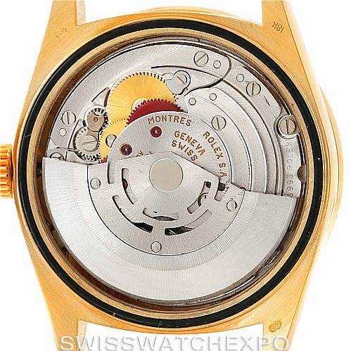 This image shows the inner mechanical movement of a Rolex President 18238 Men
s Yellow Gold Champagne Dial 18238 Men
s Yellow Gold Champagne Dial model watch, viewed from the back.