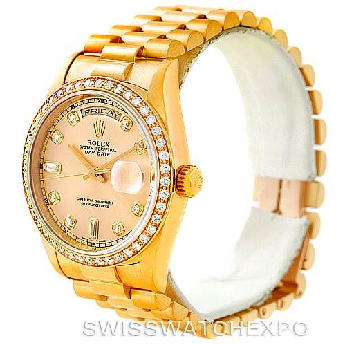 This image shows a side angle of a Rolex President 18238 Men
s Yellow Gold Champagne Dial 18238 Men
s Yellow Gold Champagne Dial model watch, highlighting its face, bezel, and bracelet.