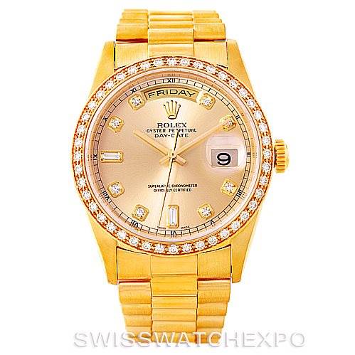 This image shows a frontal view of the Rolex President 18238 Men
s Yellow Gold Champagne Dial 18238 Men
s Yellow Gold Champagne Dial watch, highlighting its gold bracelet, diamond bezel, and day-date display.
