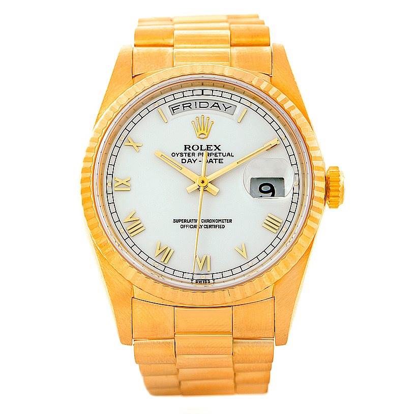 The Rolex President 18238 Men's Yellow Gold White Dial 18238 Men's Yellow Gold White Dial model watch is shown in a front-facing angle, displaying its dial, bezel, bracelet, and crown.