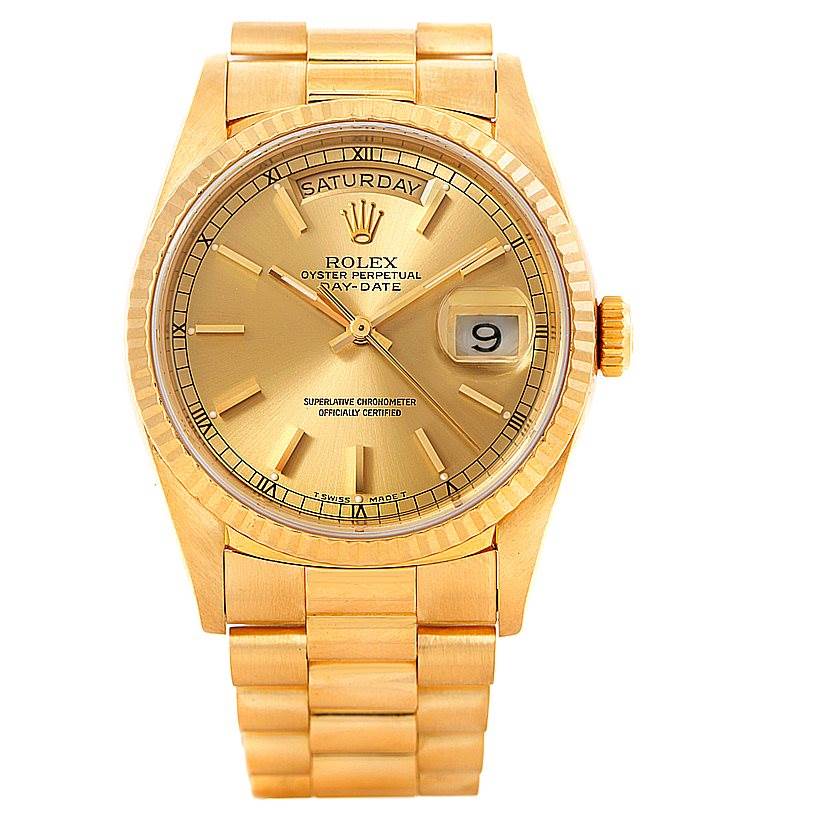 This image shows a front view of a Rolex President 18238 Men
s Yellow Gold Champagne Dial 18238 Men
s Yellow Gold Champagne Dial model watch, highlighting the dial, hands, day/date displays, and bracelet.