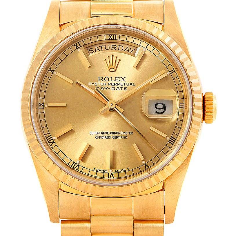 The image shows a front view of the Rolex President 18238 Men
s Yellow Gold Champagne Dial 18238 Men
s Yellow Gold Champagne Dial model watch, displaying the dial, day, date, bezel, and part of the bracelet.