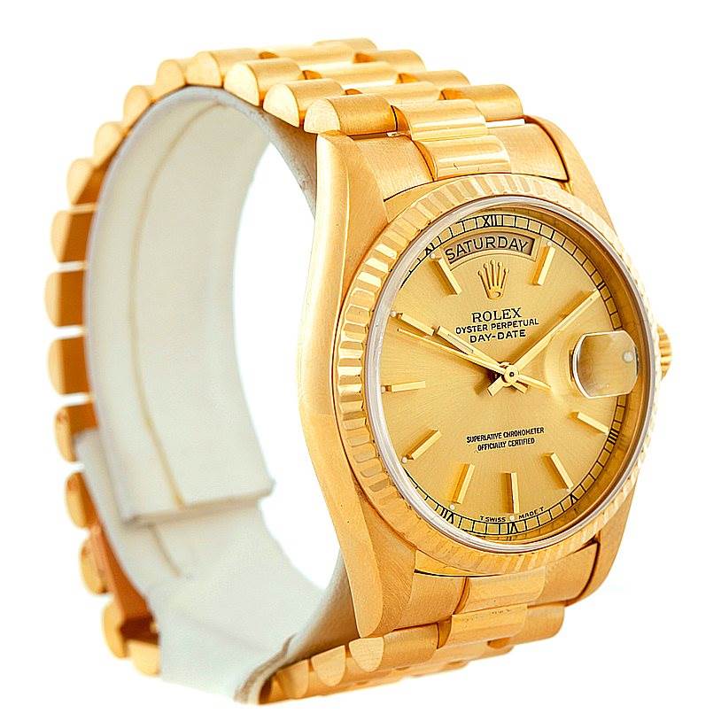 The image shows a Rolex President 18238 Men
s Yellow Gold Champagne Dial 18238 Men
s Yellow Gold Champagne Dial model watch from a three-quarter angle, highlighting the face, bezel, and bracelet.