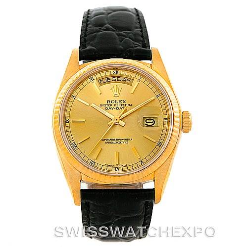This image shows a frontal view of a Rolex President 18038 Men
s Yellow Gold Champagne Dial 18038 Men
s Yellow Gold Champagne Dial model watch, highlighting its gold case, black leather strap, and detailed dial.
