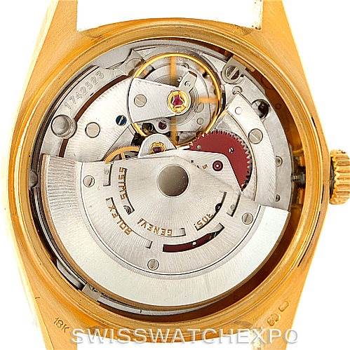 This image shows the inner mechanism of a Rolex President 18038 Men
s Yellow Gold Champagne Dial 18038 Men
s Yellow Gold Champagne Dial model watch from the back with its case removed.