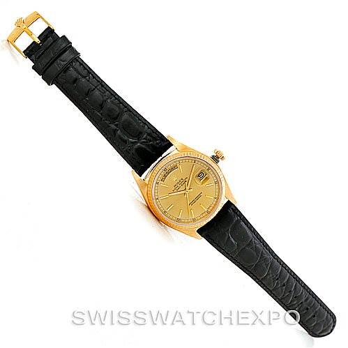 The image shows a Rolex President 18038 Men
s Yellow Gold Champagne Dial 18038 Men
s Yellow Gold Champagne Dial watch displayed flat, showcasing its gold case, black leather strap, and dial from a top-down angle.