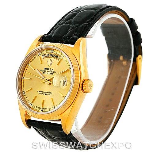 The image shows a Rolex President 18038 Men
s Yellow Gold Champagne Dial 18038 Men
s Yellow Gold Champagne Dial model watch angled from the front right side, highlighting the dial, bezel, and leather strap.
