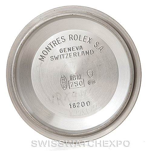 This image shows the inside of a case back for a Rolex President 18239 Men's White Gold White Dial 18239 Men's White Gold White Dial model watch.