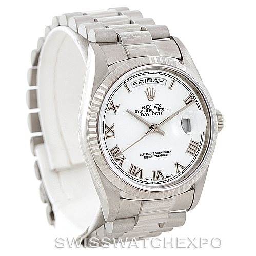 The image shows the Rolex President 18239 Men's White Gold White Dial 18239 Men's White Gold White Dial model watch from an angled front view, displaying the dial, bracelet, and bezel.