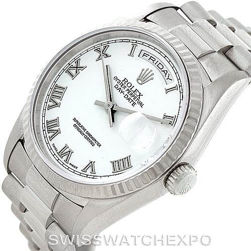 The image shows a close-up view of a Rolex President 18239 Men's White Gold White Dial 18239 Men's White Gold White Dial model watch, highlighting the white dial and bracelet from an angled perspective.