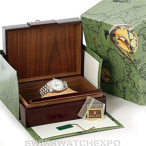 The image shows a Rolex President 18239 Men's White Gold White Dial 18239 Men's White Gold White Dial model watch at an angled view inside its wooden box, along with its outer green packaging and authenticity tags.