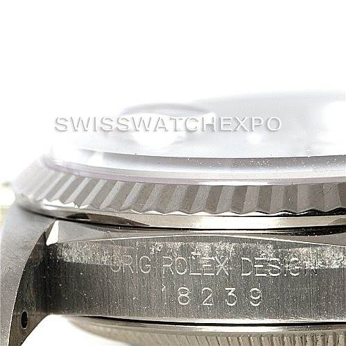 The image shows a close-up of the Rolex President 18239 Men's White Gold White Dial 18239 Men's White Gold White Dial watch model, focusing on the side case edge with visible engravings.