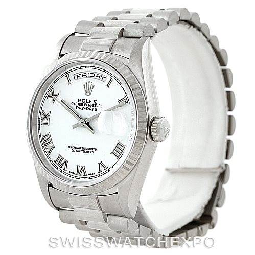The image shows a front angled view of the Rolex President 18239 Men's White Gold White Dial 18239 Men's White Gold White Dial model, displaying its dial, bezel, and full bracelet.
