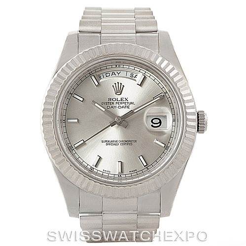 This image shows a frontal view of a Rolex President 218239 Men's White Gold Silver Dial 218239 Men's White Gold Silver Dial model watch, highlighting its dial, bezel, and bracelet.