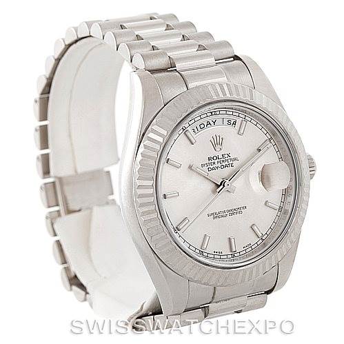 The image shows a Rolex President 218239 Men's White Gold Silver Dial 218239 Men's White Gold Silver Dial model watch at a three-quarter angle, displaying the full bracelet, case, bezel, and dial.