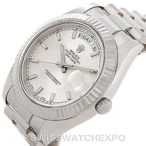 The image shows the Rolex President 218239 Men's White Gold Silver Dial 218239 Men's White Gold Silver Dial model watch at a slight angle, highlighting the dial, bezel, and part of the bracelet.