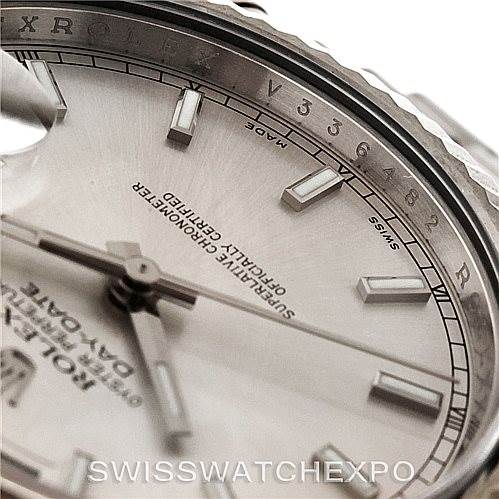 This close-up image features the dial and part of the bezel of a Rolex President 218239 Men's White Gold Silver Dial 218239 Men's White Gold Silver Dial model watch.