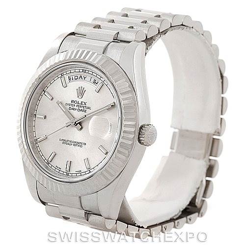 The image shows a Rolex President 218239 Men's White Gold Silver Dial 218239 Men's White Gold Silver Dial model watch angled to display its face, bezel, crown, and bracelet.