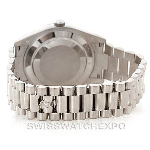 This image shows the back case and bracelet, including the clasp, of a Rolex President 218239 Men's White Gold Silver Dial 218239 Men's White Gold Silver Dial model watch.