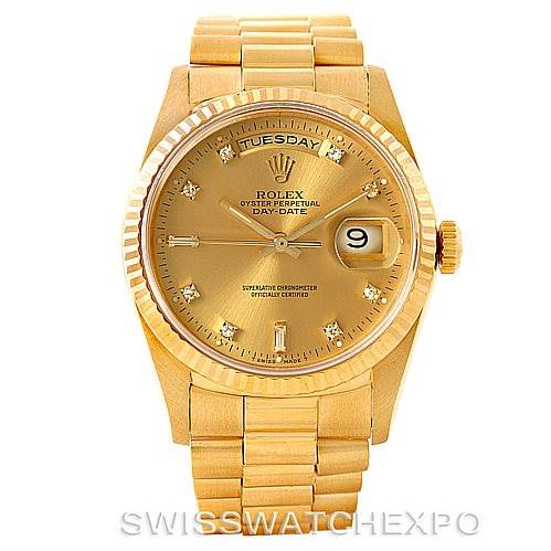 This image shows the front view of a Rolex President 18238 Men
s Yellow Gold Champagne Dial 18238 Men
s Yellow Gold Champagne Dial model watch, highlighting its dial, bezel, bracelet, and crown.