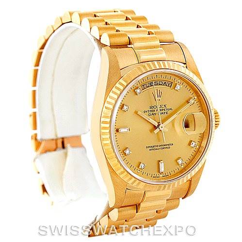 The image shows a Rolex President 18238 Men
s Yellow Gold Champagne Dial 18238 Men
s Yellow Gold Champagne Dial model watch at an angled side view, highlighting the dial, bezel, case, and bracelet.
