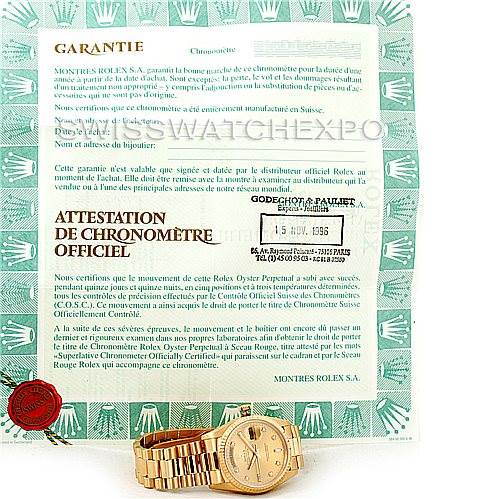 The image shows a Rolex President 18238 Men
s Yellow Gold Champagne Dial 18238 Men
s Yellow Gold Champagne Dial model watch and its official chronometer certificate and warranty document.