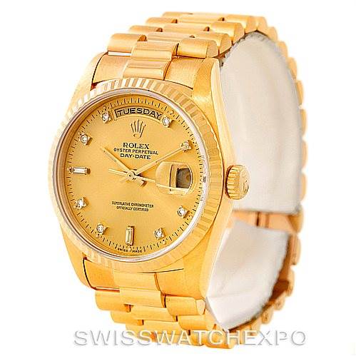 This image shows a Rolex President 18238 Men
s Yellow Gold Champagne Dial 18238 Men
s Yellow Gold Champagne Dial model watch at an angled front view, highlighting its gold case, bracelet, and diamond hour markers.
