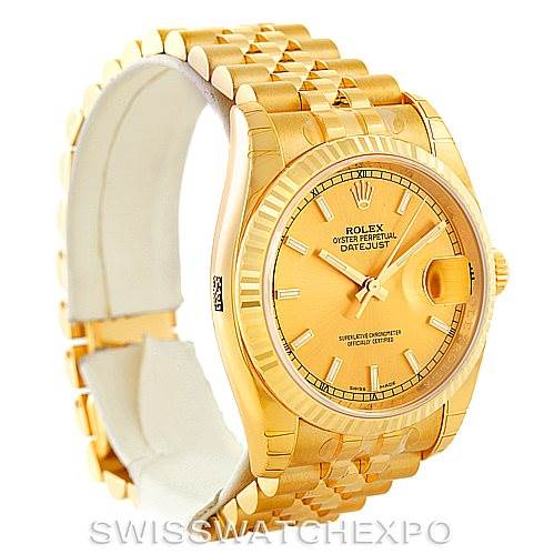 The image shows a Rolex President 116238 Men
s Yellow Gold Champagne Dial 116238 Men
s Yellow Gold Champagne Dial model watch from a three-quarter angle, displaying the dial, bracelet, and partial clasp.