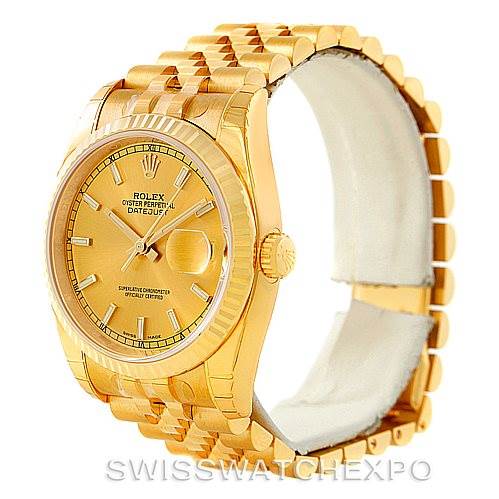 The image shows a Rolex President 116238 Men
s Yellow Gold Champagne Dial 116238 Men
s Yellow Gold Champagne Dial model watch from a front angle, highlighting the gold case, bezel, dial, and bracelet.