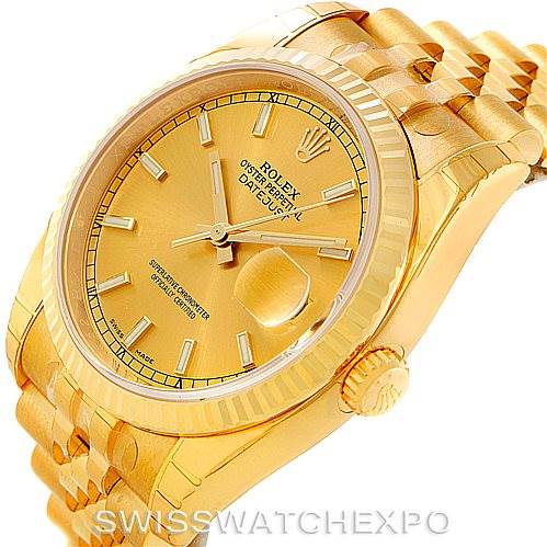 This image shows a Rolex President 116238 Men
s Yellow Gold Champagne Dial 116238 Men
s Yellow Gold Champagne Dial model watch from a tilted angle, highlighting its gold case, fluted bezel, and bracelet.