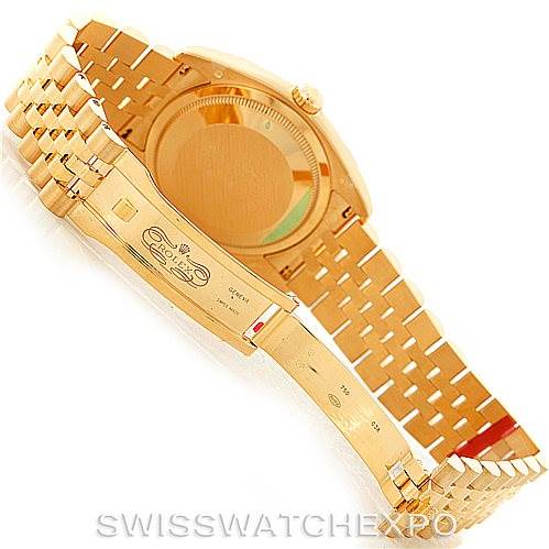 The image shows the case back and bracelet clasp of a Rolex President 116238 Men
s Yellow Gold Champagne Dial 116238 Men
s Yellow Gold Champagne Dial model watch at a three-quarter rear angle.