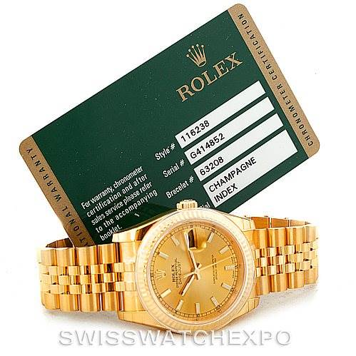 The image shows a Rolex President 116238 Men
s Yellow Gold Champagne Dial 116238 Men
s Yellow Gold Champagne Dial model watch and its certification card from a frontal angle.