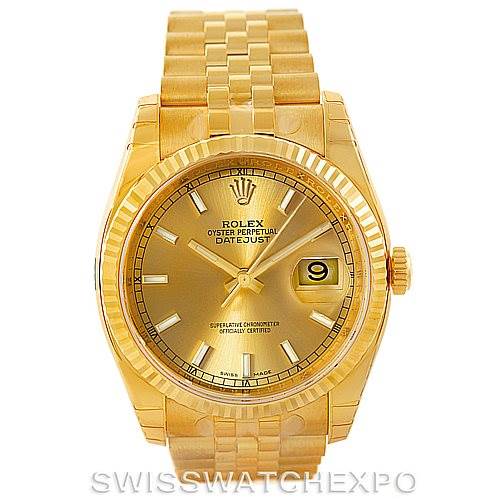 This image shows a front view of the Rolex President 116238 Men
s Yellow Gold Champagne Dial 116238 Men
s Yellow Gold Champagne Dial model watch, highlighting the dial, hour markers, hands, bezel, and bracelet.