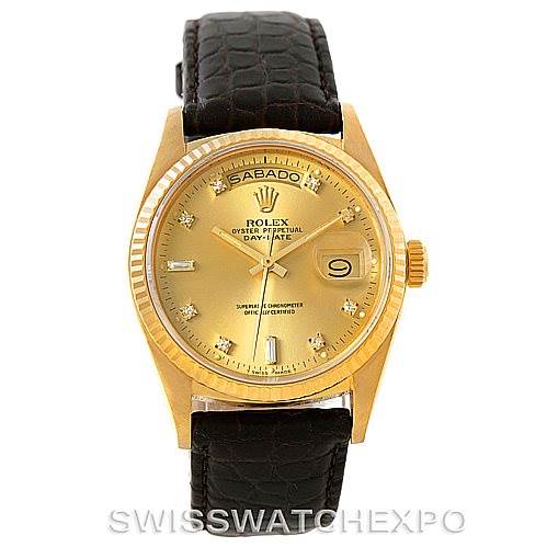 The image shows a Rolex President 18038 Men
s Yellow Gold Champagne Dial 18038 Men
s Yellow Gold Champagne Dial model watch from a front angle, displaying the dial, bezel, and leather strap.