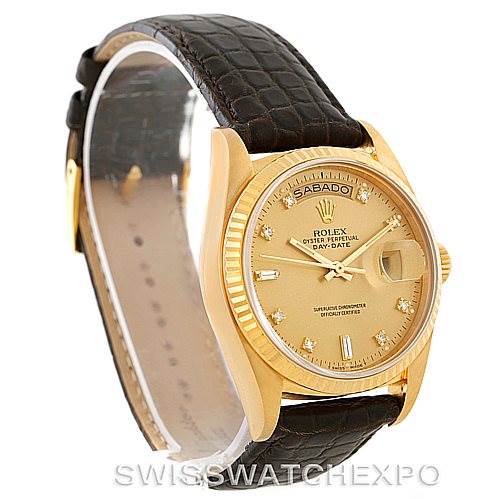 The image shows a side-angle view of the Rolex President 18038 Men
s Yellow Gold Champagne Dial 18038 Men
s Yellow Gold Champagne Dial model watch, featuring its dial, case, and leather strap.
