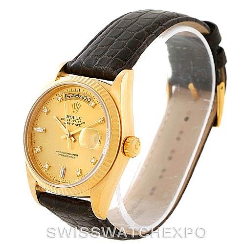 This image shows a Rolex President 18038 Men
s Yellow Gold Champagne Dial 18038 Men
s Yellow Gold Champagne Dial watch at a three-quarter angle, highlighting the face, bezel, crown, and leather strap.