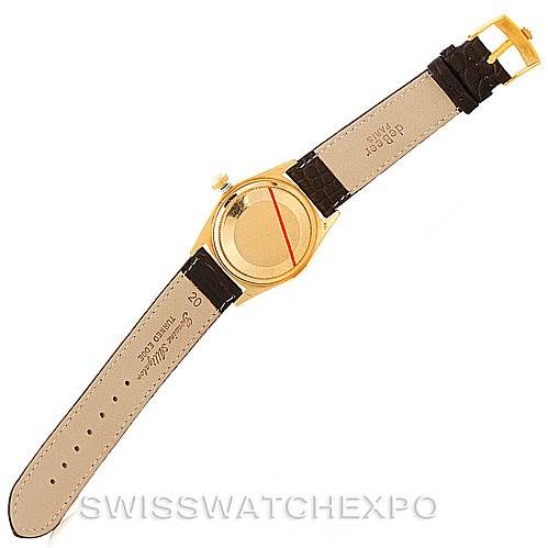 The image shows the back view of a Rolex President 18038 Men
s Yellow Gold Champagne Dial 18038 Men
s Yellow Gold Champagne Dial watch, displaying its case and leather straps.