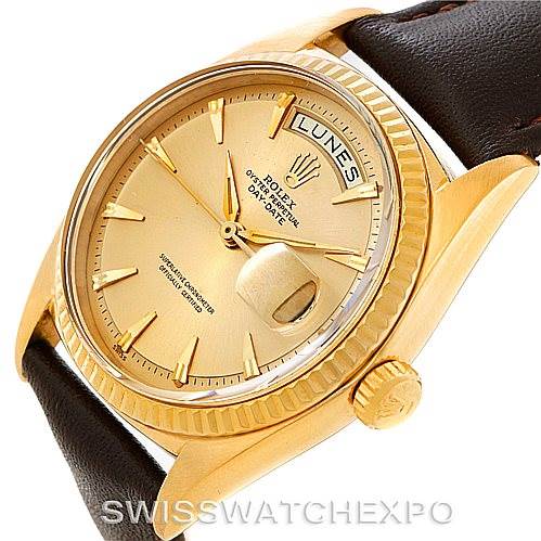 The image shows the face and side profile of the Rolex President 1803 Men
s Yellow Gold Champagne Dial 1803 Men
s Yellow Gold Champagne Dial model, highlighting its dial, bezel, crown, and leather strap.