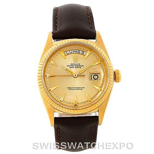 The image shows a Rolex President 1803 Men
s Yellow Gold Champagne Dial 1803 Men
s Yellow Gold Champagne Dial model watch with a gold case, day-date display, and a brown leather strap, viewed from the front.