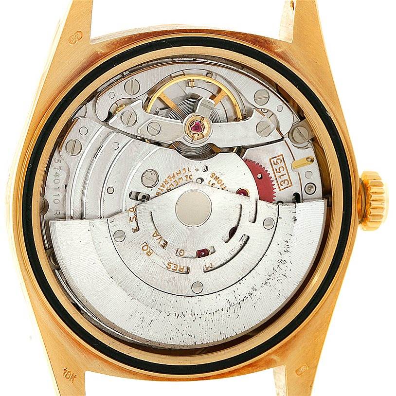 This image shows the back view of the Rolex President 18248 Men's Yellow Gold Blue Dial 18248 Men's Yellow Gold Blue Dial model, displaying its intricate movement mechanism.