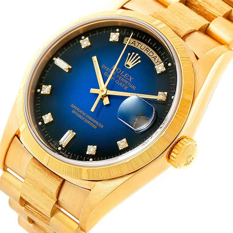 This image shows a Rolex President 18248 Men's Yellow Gold Blue Dial 18248 Men's Yellow Gold Blue Dial model watch at a slight angle, displaying the face, bezel, crown, and bracelet.