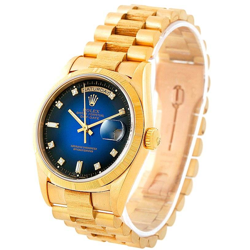 The image shows a Rolex President 18248 Men's Yellow Gold Blue Dial 18248 Men's Yellow Gold Blue Dial model watch at a frontal angle, showcasing its blue dial, gold case, and linked gold bracelet.