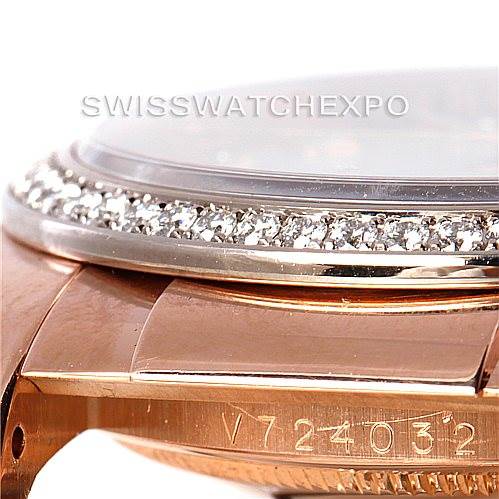This image shows a close-up side view of a Rolex President 116185 Men's Rose Gold Mother of Pearl Dial 116185 Men's Rose Gold Mother of Pearl Dial model watch, focusing on the bezel and part of the band.