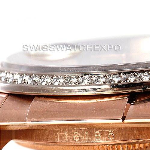 This image shows a close-up side view of the bezel and bracelet of a Rolex President 116185 Men's Rose Gold Mother of Pearl Dial 116185 Men's Rose Gold Mother of Pearl Dial model watch.