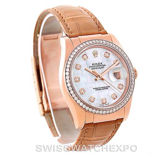 Rolex Datejust 18K Rose Gold Diamond Leather Strap Watch 116185 SwissWatchExpo