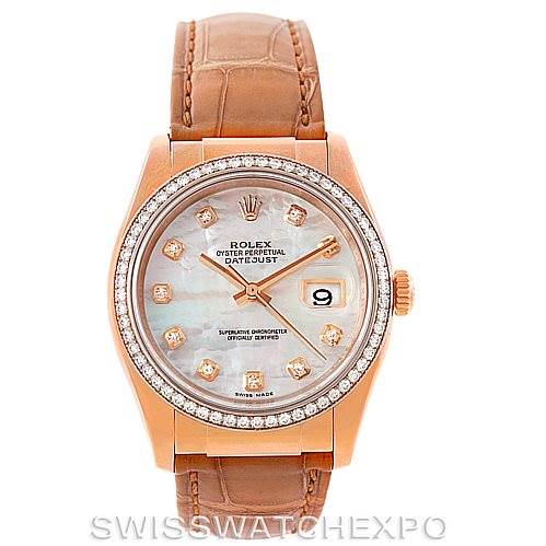 The image shows the front view of a Rolex President 116185 Men's Rose Gold Mother of Pearl Dial 116185 Men's Rose Gold Mother of Pearl Dial model watch, featuring a diamond bezel and a light brown leather strap.