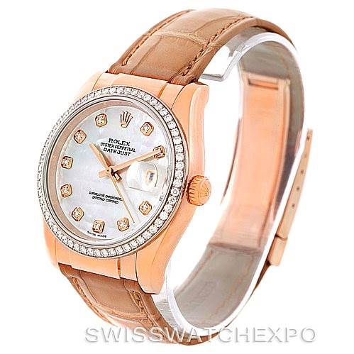 This image shows a Rolex President 116185 Men's Rose Gold Mother of Pearl Dial 116185 Men's Rose Gold Mother of Pearl Dial watch at a three-quarter angle, highlighting its face, bezel, crown, and leather strap.