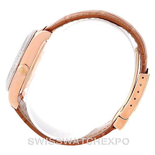 The image shows a side view angle of the Rolex President 116185 Men's Rose Gold Mother of Pearl Dial 116185 Men's Rose Gold Mother of Pearl Dial watch, displaying the crown, case, and leather strap.